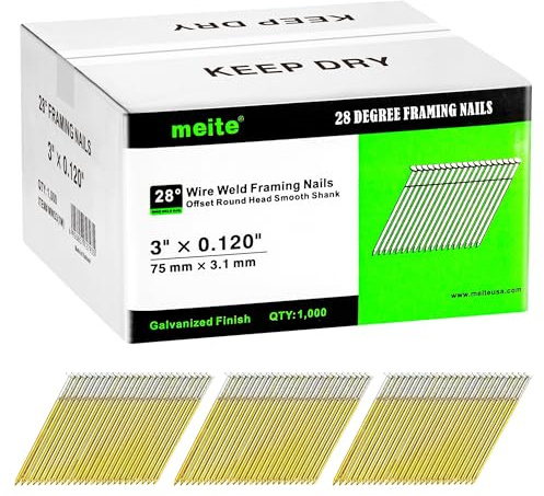 meite 28 Degree Framing Nails 3x.120 Galvanzied Wire Collated 1,000PCS
