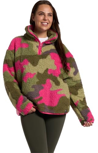 OHS Teddy Fleece Jacket Women, Camouflage Half Zip Fleece Women Pullover Ultra Soft Cosy Womens Sweatshirt Casual Long Sleeve Sweater Top for Travel Hiking, Pink/Green - S/M
