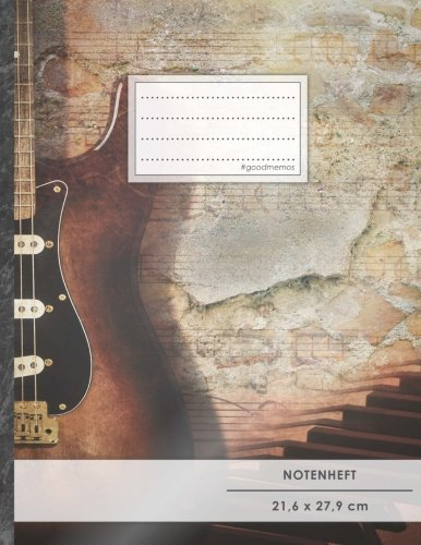 Notenheft: DIN A4 • 48 Seiten, 24 Blatt, 12 Systeme, „Gitarre“ • Original #GoodMemos Schulheft • Mit Inhaltsverzeichnis und Seitenzahlen, Noten-Lineatur 14