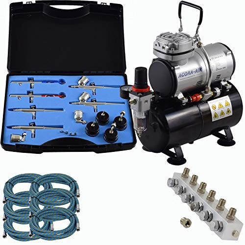 Agora-Tec® Airbrush Komplett-Set PROFI XXII.1, Komplettsystem für Airbrushanwendungen, inkl. Kompressor mit 4 bar und 20l/min und 3 Liter Tank + 6 Airbrushpistolen mit 4 versch. Nadeln/Düsen + regelbaren 6-fach Luftverteiler + 6 Schläuche