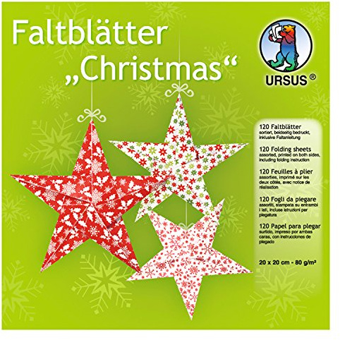 Ursus 3295199 - Faltblätter Christmas, 80 g/qm, ca. 20 x 20 cm, 120 Blatt in 10 verschiedenen Designs, beidseitig bedruckt, inklusive Faltanleitung, ideale Grundlage für kreative Bastelarbeiten