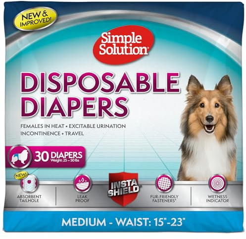 Simple Solution Disposable Dog Diapers for Female Dogs, True Fit, Absorbent, Leak Proof with Wetness Indicator, Puppy & Doggie Period Pad and Pee Diaper, For Medium Pets, 15-23 Inch Waist, 30 Count