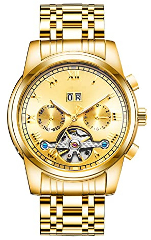 RORIOS Business Men Tourbillon automatisk mekanisk klocka rostfritt stål kalender lysande visare multifunktioner armbandsur, Guld, armband