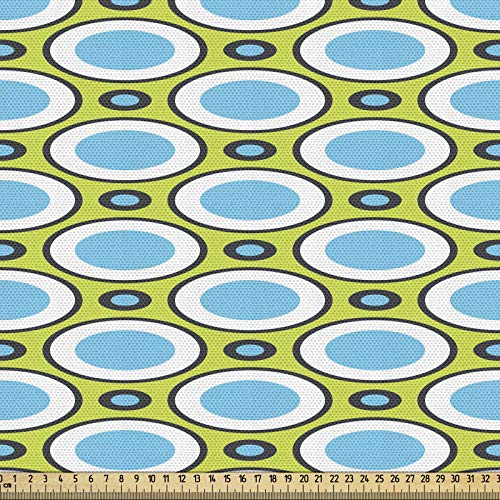 ABAKUHAUS Geometrisch Gewebe als Meterware, Retro Kreis und Punkte, Dicht Gewebter Stoff zum Nähen Polster Wohnaccessoires, 3M (148x300cm), Gelb Grün Schwarz Blau