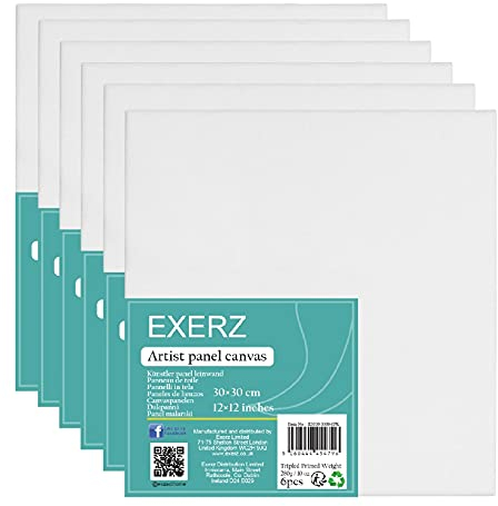 Exerz 30x30cm Pannelli in Tela 6pz - 3mm/ 280gsm/ 100% Cotone Cartoni Telati d’Artista Bianca per Pittura/Vuote/Tre Strati di Gesso/Prive di acidi/Grana Media - Olio o Acrilico