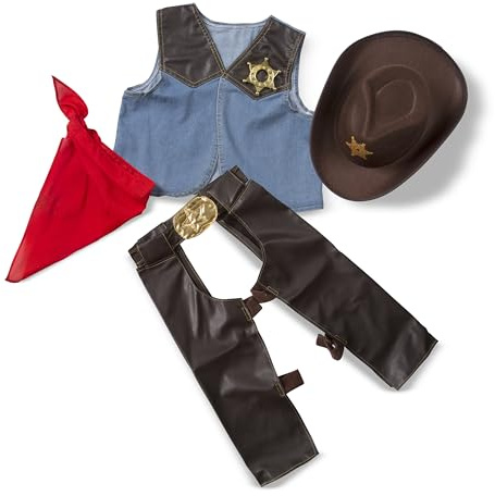Melissa & Doug Cowboy Costume, Pretend Play Dress Up Set (5-Pc) Vest, Chaps, Hat & Accessories, Role Play Toys for Kids 3+