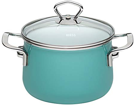 Riess, 0701-110, Fleischtopf mit Glasdeckel 16, NOUVELLE - NATURE GREEN EXTRA STARK, Durchmesser 16 cm, Höhe 18 cm, Inhalt 2 Liter, Emaille, grün, Induktion