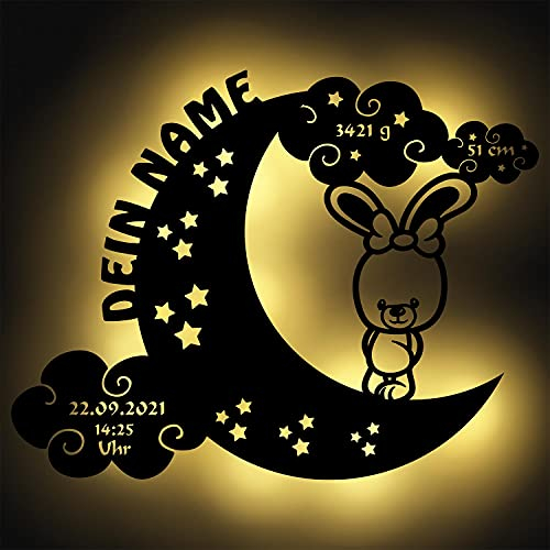 Personalisierbares Nachtlicht Hase auf Mond aus Holz | Kinderzimmer Lampe mit Name | Warmweiß oder RGB LED mit Fernbedienung | HDF und Pappelsperrholz Deko für Babyzimmer & Geschenk Geburt
