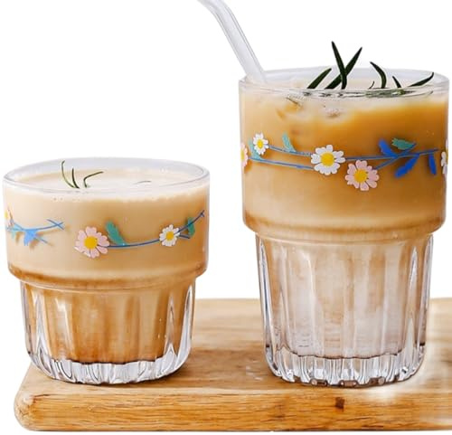 yaocoral Juego de 2 vasos florales para beber, tazas de té, tazas de cristal de margaritas para jugo, café helado, leche, té, postre, café con leche, apilables, cristalería de flores (azul1)