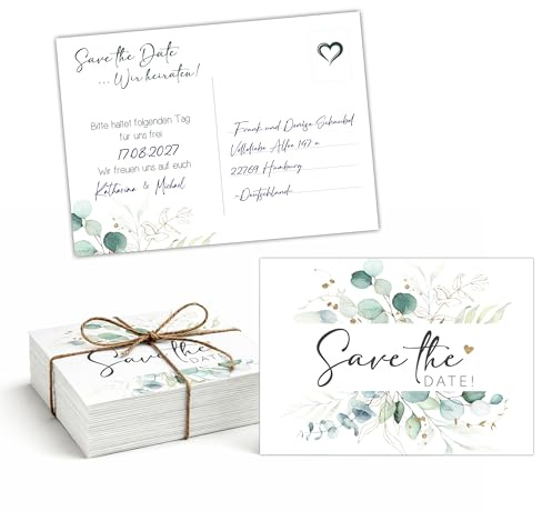 Eummel 40 zauberhafte Save the Date Karten für die Hochzeit mit hochwertigen Druck auf 300g Cremepapier | In Deutschland produziert | Wir heiraten Postkarten boho