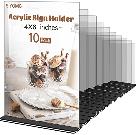 SIYOMG Acryl Schildhalter, 10 Pack 15x10 cm Klarer Kunststoff Display-Ständer, Doppelseitige Vertikale T-Form Bilderrahmen, Tischmenühalter für Restaurant Hotel Store Office