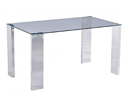 WORKOME Mesa Rectangular de Comedor, Acero Inoxidable, Cristal Templado Transparente, 160x90 cm