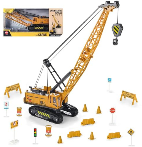 Coolplay Grue jouet camion bac à sable avec panneau de signalisation routière pour enfants, camion de construction 1:55 pour garçons de 3 ans