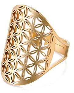 Amaxer Blume des Lebens Samen des Lebens Mandala Heilige Geometrie Schwarz Ton Ring für Frauen Statement ausgehöhlte verstellbare Bandring Schmuck für Frauen, Edelstahl (Gold)