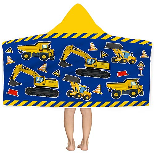 Kids Beach Towel With Hood - Excavators Vehicles Engineering Theme for Boys Girls, Microfiber Soft Bath Poncho Bathrobe Wrap Robe for Swim Pool - Cool Children's Gift