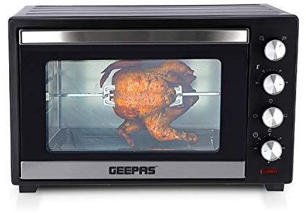 Geepas 48L Mini Oven and Grill – 2000W Electric Oven with Rotisserie & 60 Minute Timer - 4 Selector for Baking Roasting & Grilling – Switch for Rotisserie Control, Double Glass Door (Renewed)