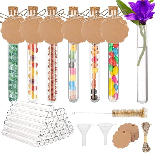 Xencca Set mit 40 Reagenzgläsern mit Korken, 150 x 16 mm, aus transparentem Plastik, 20ml Reagenzgläser mit 40 Etiketten aus Kraftpapier, 10 m Hanfschnur, 2 Trichter für DIY Craft Candy Flowers Labor