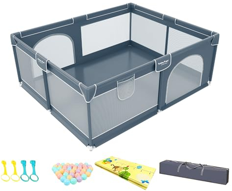GUBBY GUPS® Laufstall Baby Bällebad Baby Laufgitter 150x180x66cm mit Bällen & Spielmatte Baby & Tasche & Ringen als Lauflernhilfe (Grau Doppeltür Kombi)