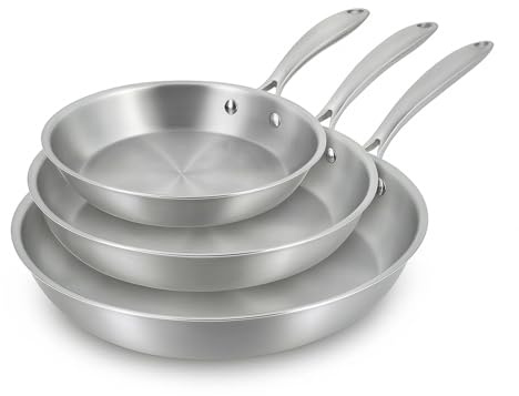 MENASTYL - Lot de 3 poêles inox 18/10 Triply tous feux dont induction fabriquées en France - sans PFAS ni substances nocives - Compatibles lave-vaisselle - 20, 24 et 28 cm - Poignée rivetée - 6014201