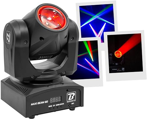BoomToneDJ Maxi Beam 60 – Lyre Beam LED 60 W RGBW avec faisceau 2°, stroboscope, dimmer, DMX 12/14 canaux, modes auto et audio, effets rapides PAN/TILT, idéale DJ, clubs et événements live