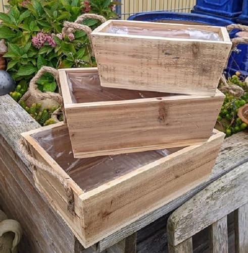 Generisch NEU !! 3er Set Pflanzkästen 23 cm - 33 cm breit aus naturbelassenen hellem unbehandelten Holz Naturprodukt Handarbeit Pflanzkasten Pflanzwanne Schale Weidenkorb Pflanzgefäß Blumentopf