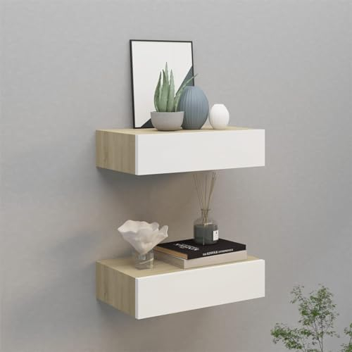 ZEYUAN Wand-Schubladenregale 2 STK Regal Mit Schubladen, Wandregal, Wandschublade, Hängeschublade, Regale Für Wände, Eiche und Weiß 40x23,5x10 cm MDF