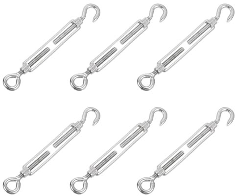sourcing map 6Pcs M8 Hook and Eye Turnbuckles Wire Rope Tension, 304 Stainless Steel Turnbuckle Adjustable Cable Tensioner for Shade Sail, Clothesline