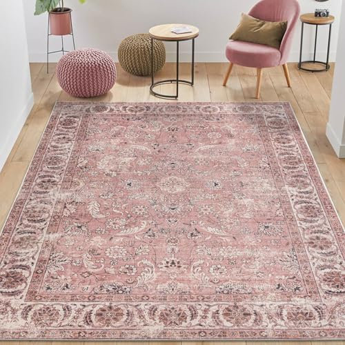 TALETA Vintage Teppich Rosa, Waschbar Rutschfest - Weicher Blumenmuster Kurzflor für Wohnzimmer, Schlafzimmer, Retro Rosa, Groß: 120 x 170 cm