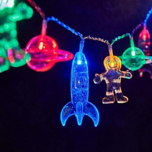 LELYFIT Spaceman Cartoon Lichterkette, Astronaut Planet Rakete Dekoration, Kinderzimmer Dekoration Lichter, Zimmer Hintergrund Arrangement Kleine Lichterkette (1,5M)