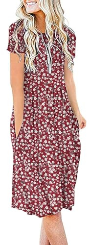 Auselily dam, kortärmad klänning för sommar som är knälång med fickor, vardaglig, veckad, t-shirt, klänning, Röda blommor, S