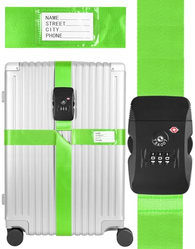 NETONDA Koffergurt mit Zahlenschloss TSA Kofferband Gurt Kreuz Koffergurt Kreuz mit Adressschild TSA-Schloss Luggage Strap TSA Schloss Auffällig Koffer Gurt Grün