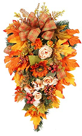 Autumn Artificial Peony Teardrop Wreath for Front Door, Fall Wall Hanging Simulation Maple Leaves Swag for Home Easter Indoor Outdoor Window Decor(swag)
