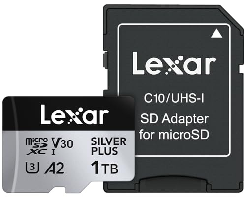 Lexar 1T Professional Silver Plus microSDXC Memory Card, UHS-I, C10, U3, V30, Full-HD & 4K Video, Up to 205/150 MB/s Read/Write, for Videographers, Gamers (LMSSIPL001T-BNANU) | Compatible w/ DJI, GoPro, Nintendo-Switch 1, Steam Deck, Ideal for Videographers, Gamers, w/ SD Adapter, LMSSIPL001T-BNANU