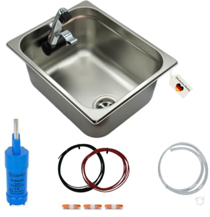madelee Camping Spülbecken/Waschbecken Set aus Edelstahl 32,5 cm x 26,5 cm x 15 cm mit Armatur London 12 V, 25 mm Anschluss, 12 V Wasserpumpe für Campingküche/Vanküche/Food-Truck-Ausbau