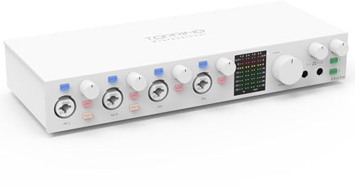 TOPPING E4X4 Pre USB Audio Interface - Dual USB-C Ports, 24bit/192kHz, 4IN/4OUT, Dual Headphone Outputs, Low Noise, Real-Time Monitoring, Mixer, for PC, Mac, iPhone, Professional Recording (White)