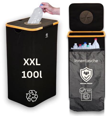 Pfandflaschen Sammelbehälter mit waschbarer Innentasche – Recycling-Behälter für PET-Flaschen und Dosen – Leicht aufzubauen, platzsparend – Perfekt für Mülltrennung in Küche oder Büro, XXL (Schwarz)