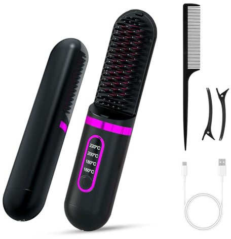 Negative Ionen Haarglätter Bürste, Glättbürste Kabellos, Tragbare Glätteisen für Reise,Schnelle Erwärmung Haarbürste für Frauen,Anti-Verbrühung, Schwarz