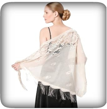 MILAKOO Foulard di pizzo nuziale morbido a rete con frange e nappe per la festa Serale Foulard Triangolare Mantilla Beige