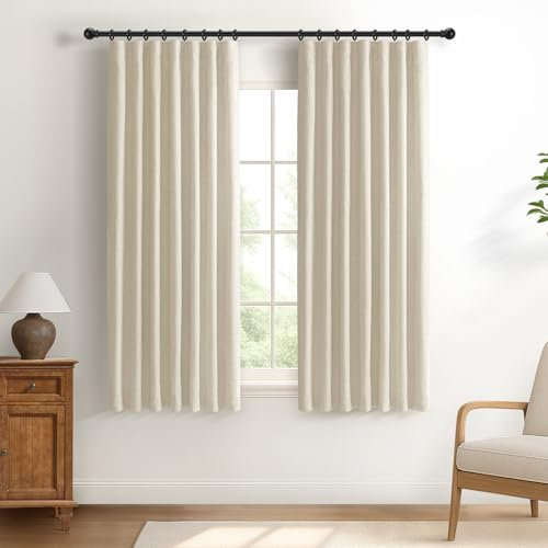 DEFYNEE 100% Blackout Curtains for Bedroom, 2 Panel Set, Thermal Insulated Faux Linen Curtains with Clip Rings and Rod Pocket, W50 x L63 Inch, Cream