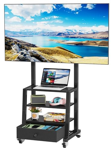 OYRREU TV Ständer Rollbarer mit Halterung und Stauraum, Stoffschublade, für 32-55 Zoll Fernseher, Verstellbarer Eck-TV Ständer mit Rollen für Wohnzimmer, Schlafzimmer, Büro, Schwarz