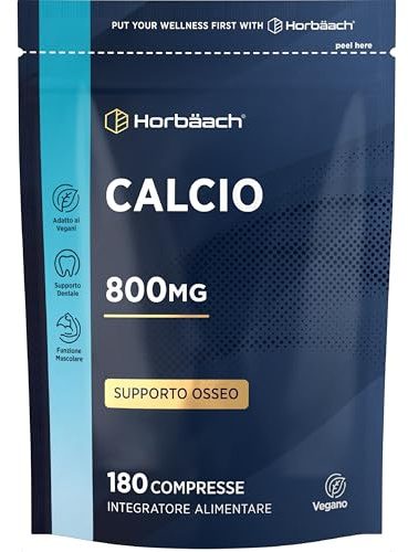 Calcio Integratore 800mg | di Calcio Carbonato per Dose Giornalera | ad Alto Dosaggio | 180 Compresse Vegane | Horbaach