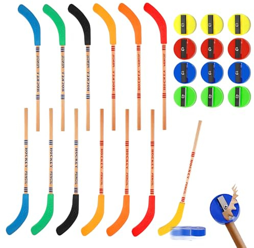 Eowppue Decoraciones de cumpleaños de Hockey 12 lápices creativos en Forma de Palo de Hockey con Goma de borrar de Colores y sacapuntas Mini, Set Divertido para Fiestas Infantiles, Escuela y Oficina