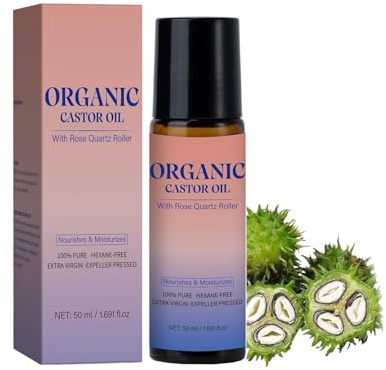Organic Castor Oil with Rose Quartz Roller, Natural Organic Castor Oil Roll On, Soothing Rollerball, Gently Nourishes Skin for Belly, Face, Body (1)