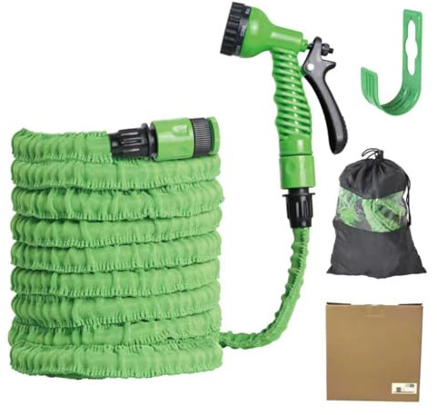 Expandable Garden Hose Pipe with 7-Function Spray Gun & Hose Holder – 3X Elastic Latex Hose, Leak-Proof, Lightweight, Strength Watering Hose with Tap Adaptor & Quick Connectors (50FT, Green) 15meters