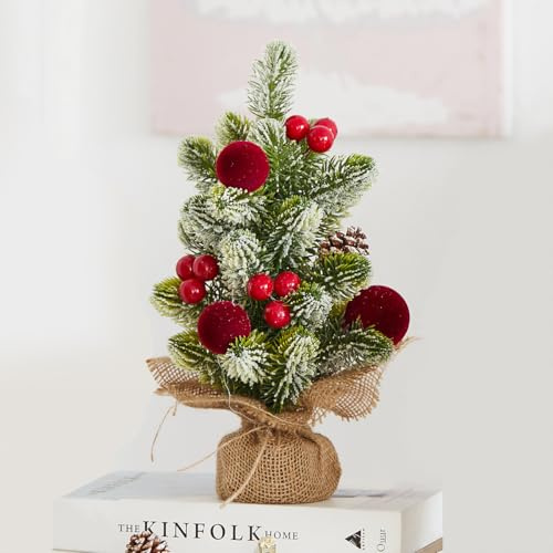MYELLU Burlap Mini Albero di Natale con Luci - Decorazione da Tavolo per Casa, Ufficio, Festività(Red Ornament)
