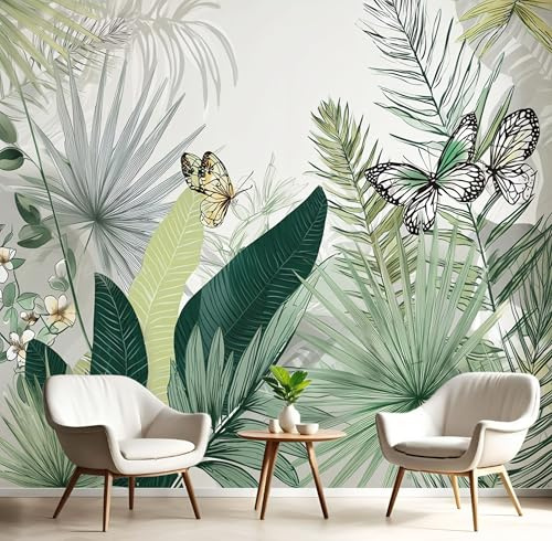 3D Papier Peint Palmiers Papillon Ailes Feuilles Bananier Plantes 200×150cm Tissus Non Tissés Papier Peint Panoramique Pour Salon Chambre Chambre D'Enfant Décoration Murale