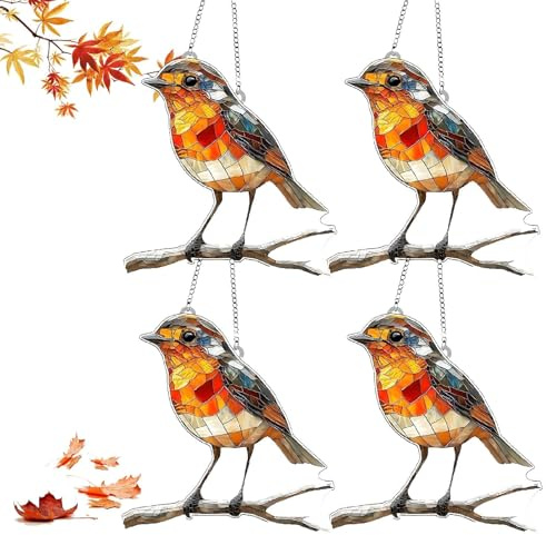 4 Pcs Robin Sun Catchers for Windows, 20x20cm Suncatchers for Windows, Robin Ornaments, Window Decorations Attractive and Durable Hanging Garden Ornaments Outdoor