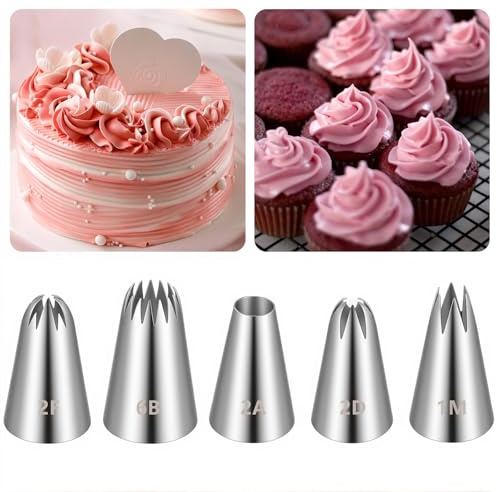 5 Pcs Piping Tips, 1M 2A 2D 2F 6B Stainless Steel Cake Tips Piping Kit Icing Tip Frosting Tip Cookie Decorating Supplies for Decorating Frosting Pastry DIY Cream Cupcakes Cookies (Sliver)