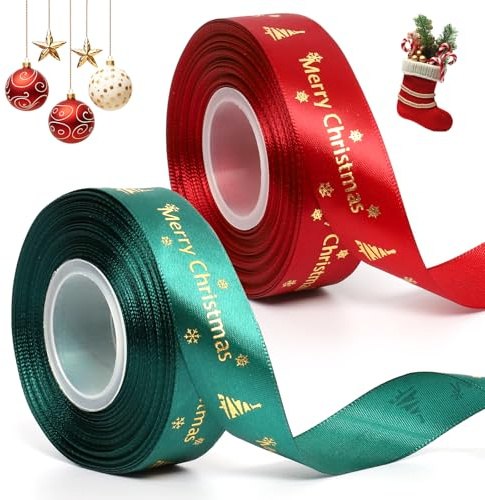 Geschenkband Weihnachten Rot Grün,2 Rollen 25M Merry Christmas Schriftzug Schleifenband,Schleifenband Weihnachten,Schneeflocken Weihnachtsband Satinband für Geschenkverpackung Weihnachtsbaum Deko