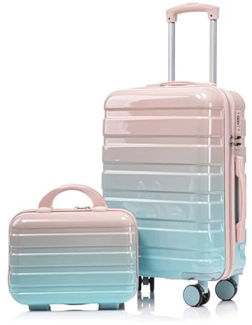 Clyrava 20/14 Inch Blue+Pink Girls Carry on Kids Suitcase Luggage Set of 2 | Hardshell Small Suitcases with Spinner Wheels/Combination Lock & 14 Cosmetic Case, Boys Luggage for Travel Men/Women